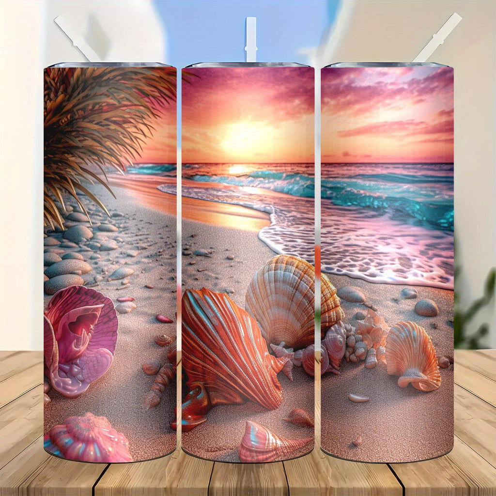 20oz Stainless Steel Tumbler with Seashell Beach Design - Vacuum Insulated Travel Mug with Lid and Straw