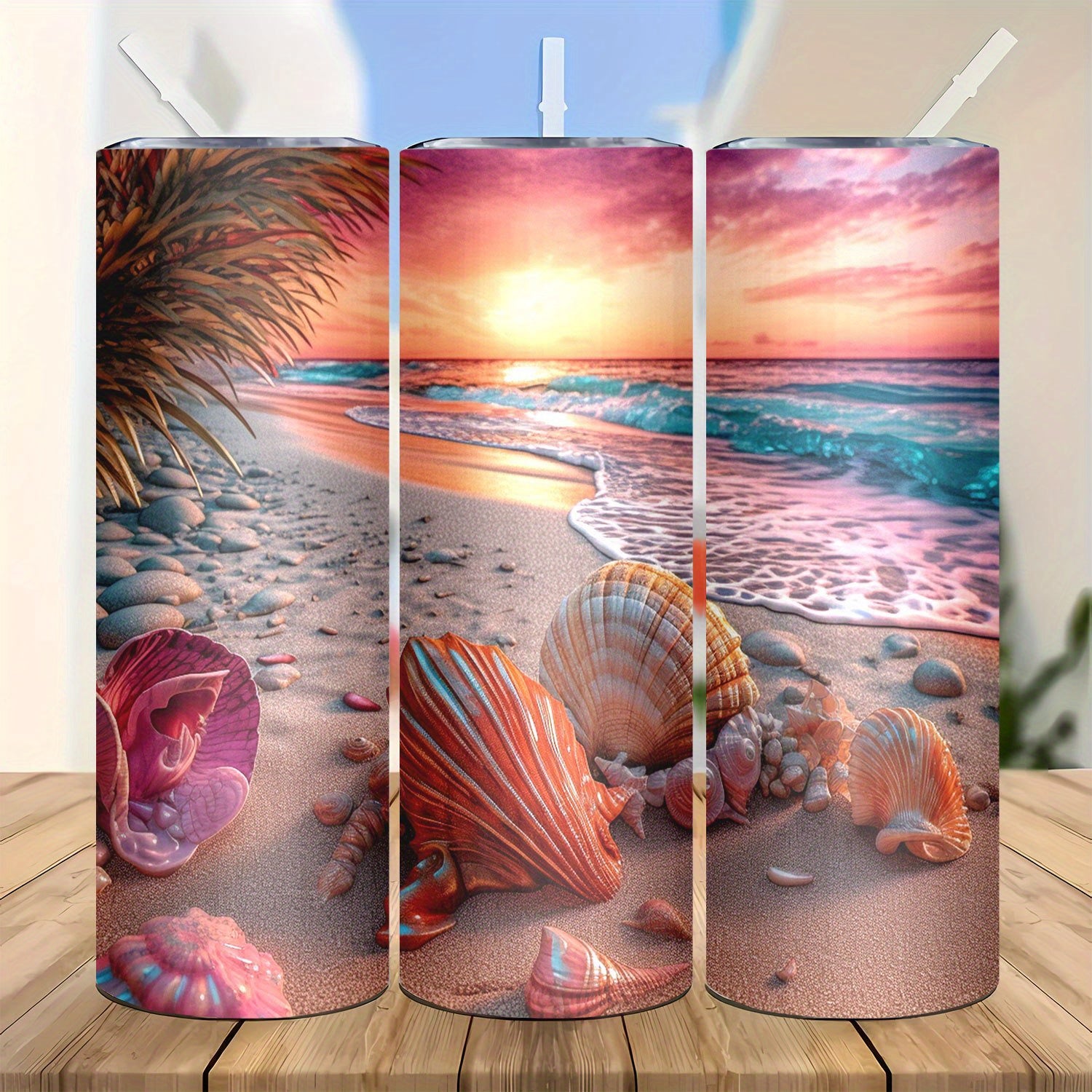 20oz Stainless Steel Tumbler with Seashell Beach Design - Vacuum Insulated Travel Mug with Lid and Straw