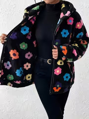 Plus Size - Sweet Cool Style Multicolor Small Floral Plush Coat Women'S Hooded Zipper Cardigan All-Match Printed — view 5