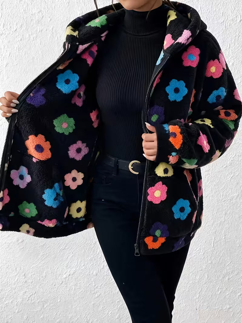 Plus Size - Sweet Cool Style Multicolor Small Floral Plush Coat Women'S Hooded Zipper Cardigan All-Match Printed — view 6