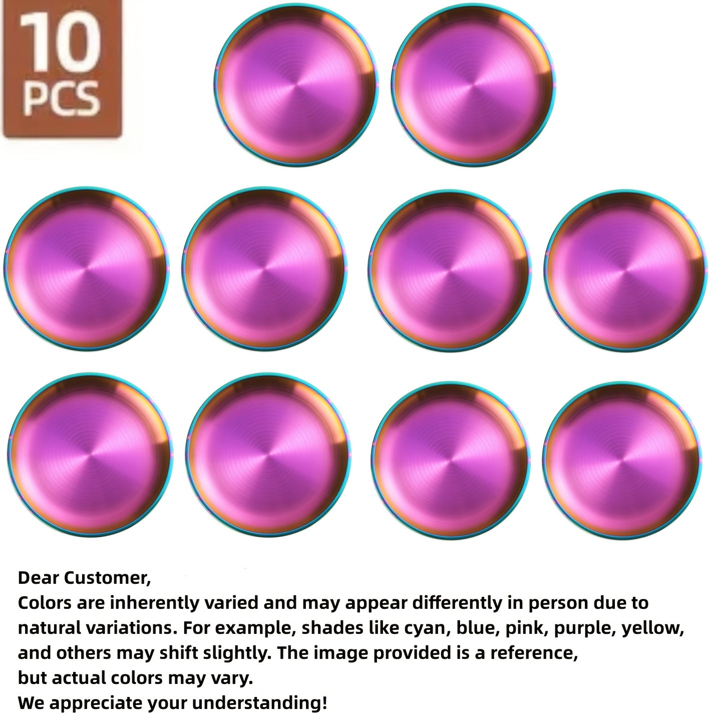 10pcs color stainless steel reusable circular color plates, 20cm/7.8 inches, perfect for picnics, weddings, outdoor camping, summer barbecue plates, steak plates, dishwasher safe