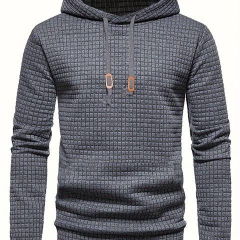 Waffle Pattern Solid Hoodie, Cool Hoodies For Men, Men's Casual Pullover Hooded Sweatshirt with Kangaroo Pocket Streetwear For Winter Fall, As Gifts