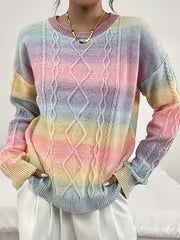 Women's 2026 Early Spring New Dopamine Gradient Color Sweater - Geometric Stripe Twisted Rope Crew Neck Drop — view 1