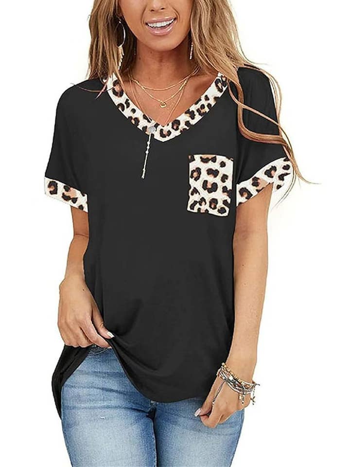 Loose Plus Size Leopard Print V-Neck Short Sleeve Top ZK3020