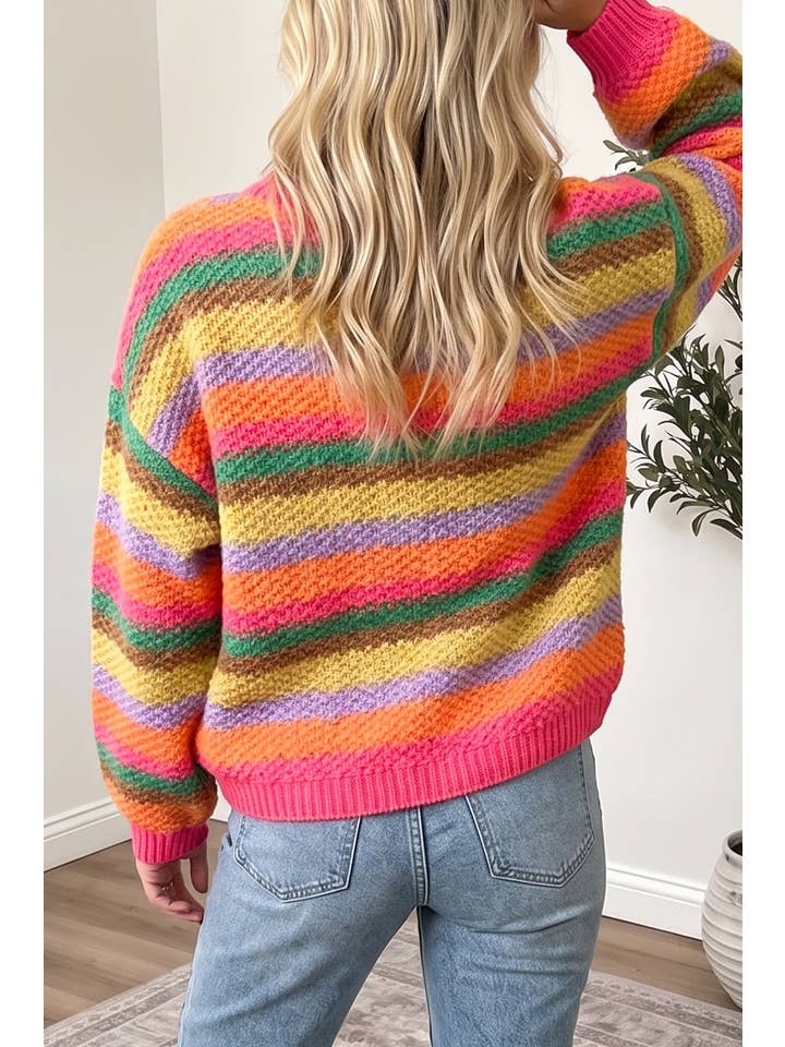 Fashionworks Women's Rainbow Striped Knit Sweater Puff Sleeve