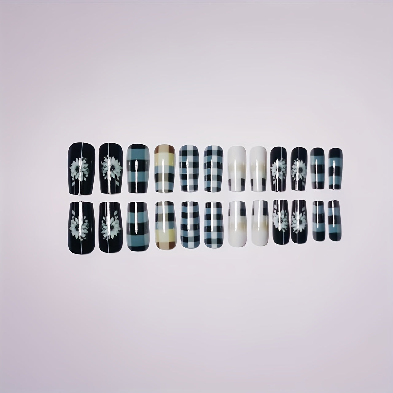 Medium-length 24pcs detachable floral grid trendy fake nail set