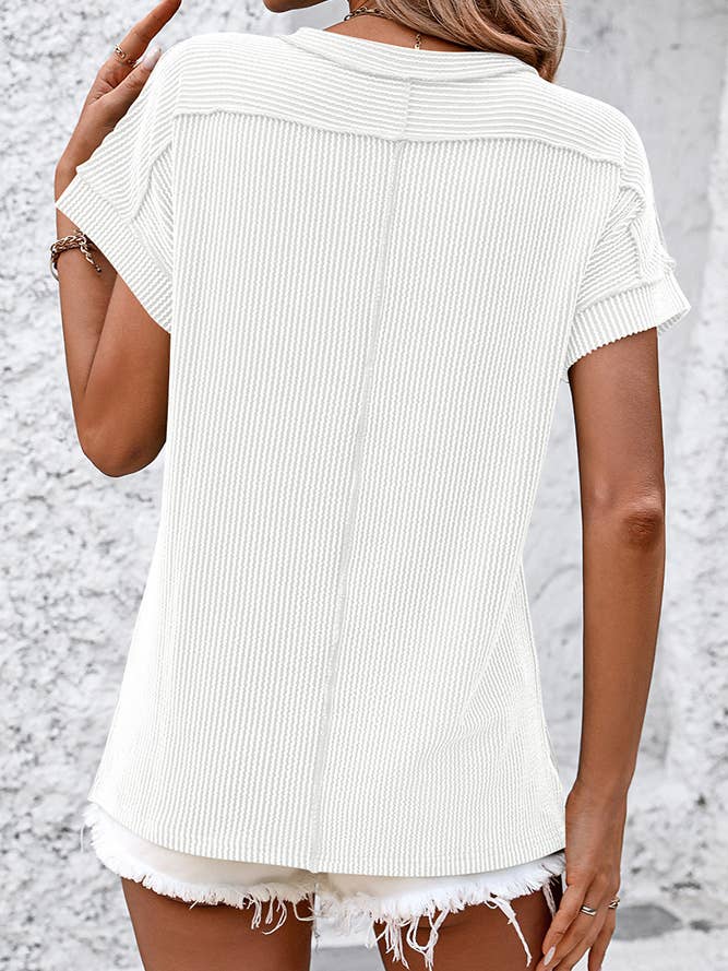 Ribbed Knitting Stitching Outside Round Neck Top MD121