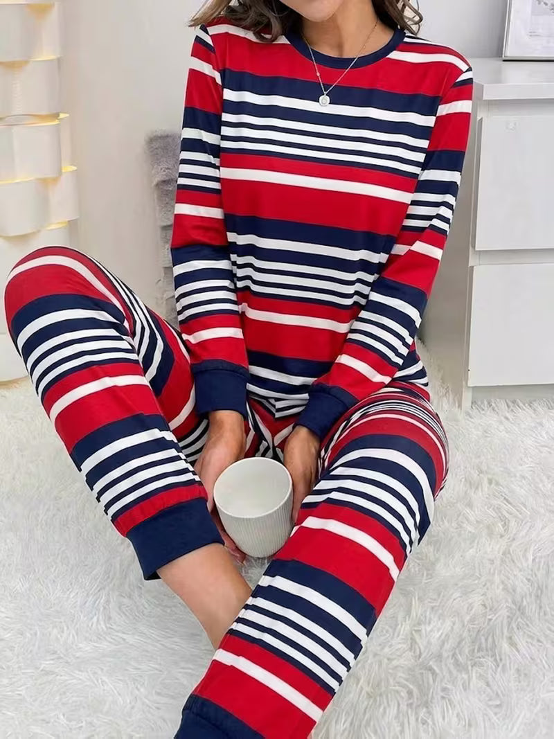 Fashion 2pcs Loungewear Set, Striped Print Pullover Crew Neck Long Sleeve Top with Long Pants, Women's Pajama Set — view 7