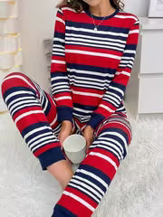 Fashion 2pcs Loungewear Set, Striped Print Pullover Crew Neck Long Sleeve Top with Long Pants, Women's Pajama Set — view 2