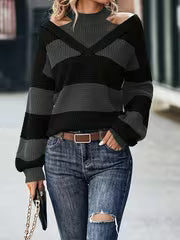 Women's Round Neck Sweater with Contrast Color Block Stripes, Waffle, Long Sleeves, Ribbed Cuffs, Loose Fit — view 7