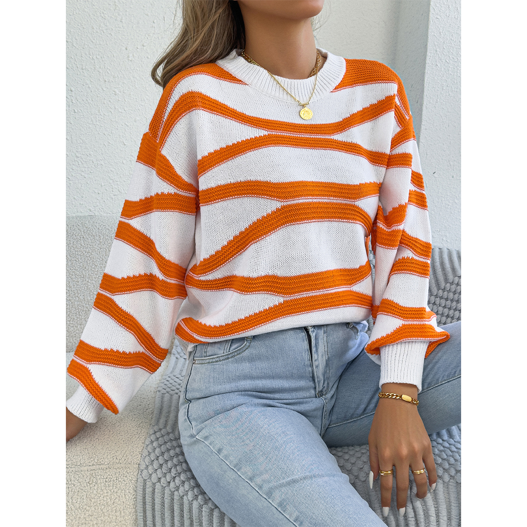 Color Block Striped Lantern Sleeve Pullover Sweater BJS347