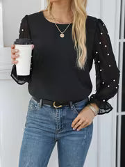 Elegant Beaded Chiffon Blouse, Polyester Crew Neck Solid Color Top, with Ruffle Detail, for Women, Spring/Fall — view 6