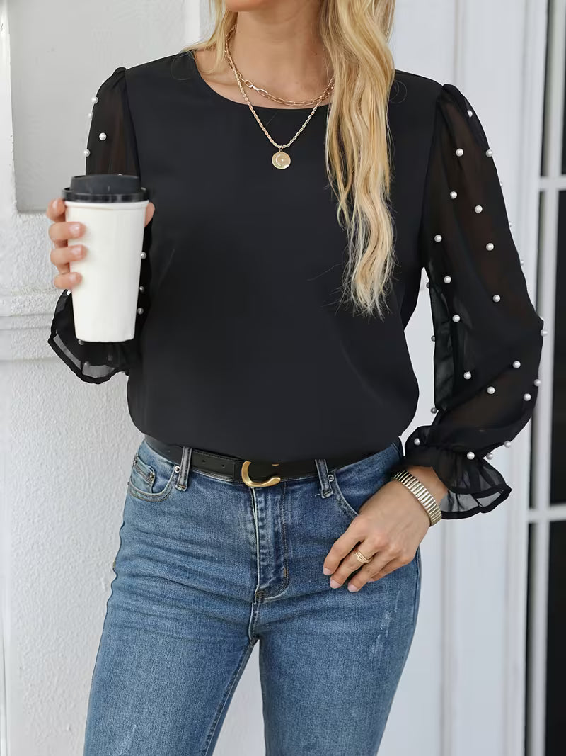 Elegant Beaded Chiffon Blouse, Polyester Crew Neck Solid Color Top, with Ruffle Detail, for Women, Spring/Fall — view 7