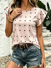 Women's Summer Light Pink Polka Dot Flutter Sleeve T-Shirt, Round Neck Ruffle Short Sleeve Loose Fit Casual — view 3