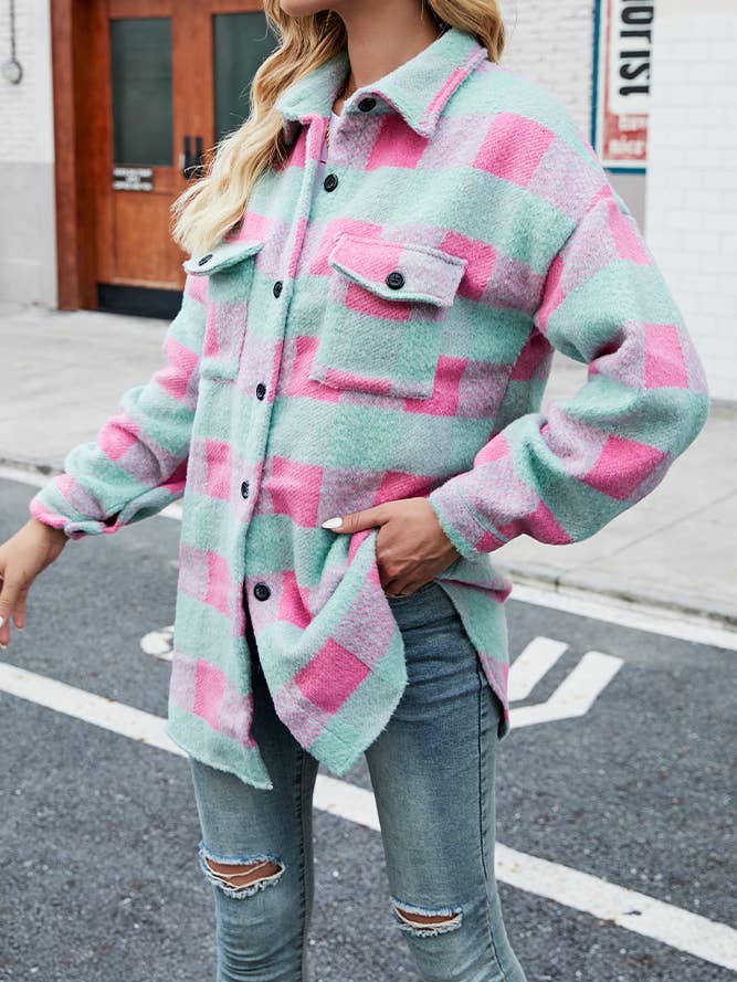 Single-Breasted Long Plaid Tweed Coat with Pockets TOPW1569