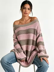 Women Off-Shoulder Striped Sweater Fall Lazy Style Oversized Drop Shoulder Long Sleeve Pullover Casual — view 2