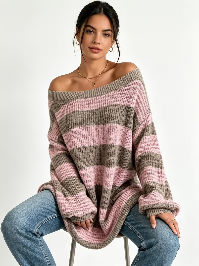 Women Off-Shoulder Striped Sweater Fall Lazy Style Oversized Drop Shoulder Long Sleeve Pullover Casual — view 7