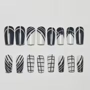 24pcs Black And White Geometric Stripe Square Press-On Nails, Minimalist Checkered Diagonal Lines Premium Glossy — view 3