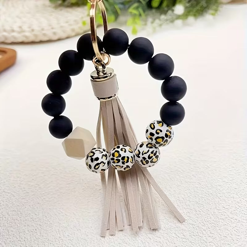 [Leopard Print Keychain] Creative Hot Selling Black Leopard Print White Background Wooden Beads 14Mm Rubber — view 18