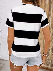 Women's Black & White Striped T-Shirt - Oversized Round Neck Short Sleeve Summer Top with Horizontal Navy Blue — view 2
