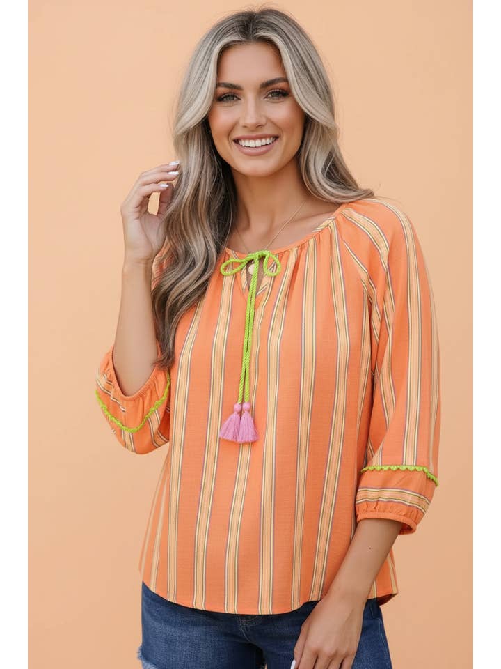 PRETTY BASH Stripe Tassel Tie Neck 3/4 Sleeve Blouse