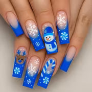 24pcs Christmas Nail Stickers Long Water Pipe Gradient Blue Snowman Lost Cane Snowflake Pattern Printed Design — view 1