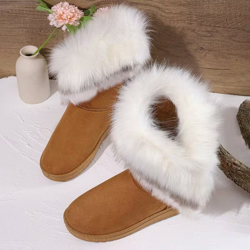 Women'S Winter Thick faux fur-Trimmed Snow Boots, Sandblasted, Warm Mid-Calf Boot, Multi-Color Fringe Trim — view 17