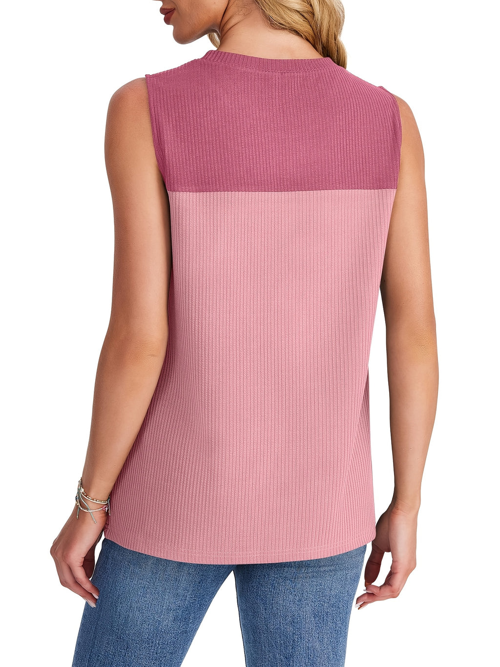 Women's Color Block Ribbed Tank Top, Crew Neck Sleeveless Casual Summer Top, Slim Fitting Basic Cami for Daily Wear, Sleeveless Casual Summer Cami Top