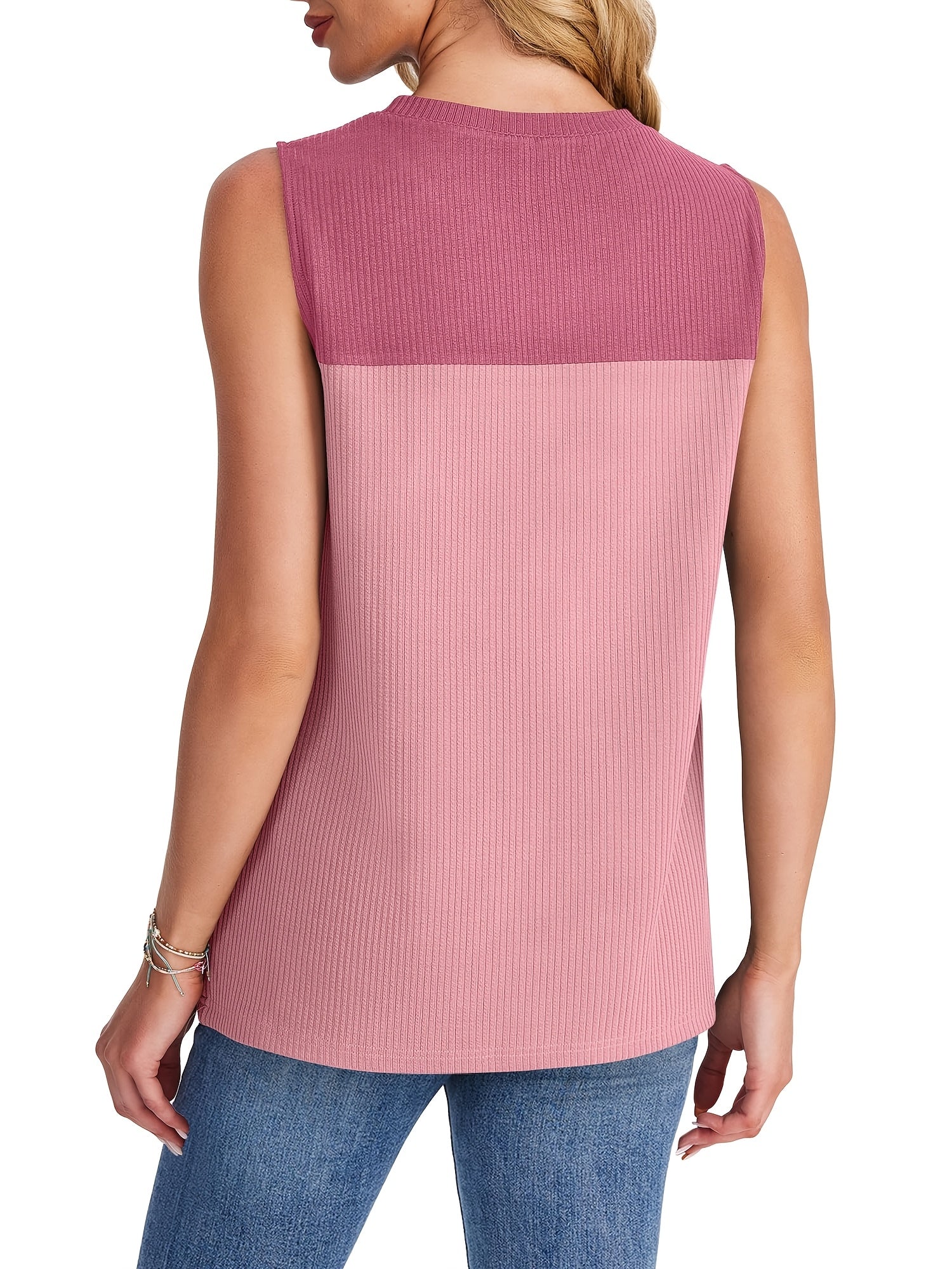 Women's Color Block Ribbed Tank Top, Crew Neck Sleeveless Casual Summer Top, Slim Fitting Basic Cami for Daily Wear, Sleeveless Casual Summer Cami Top