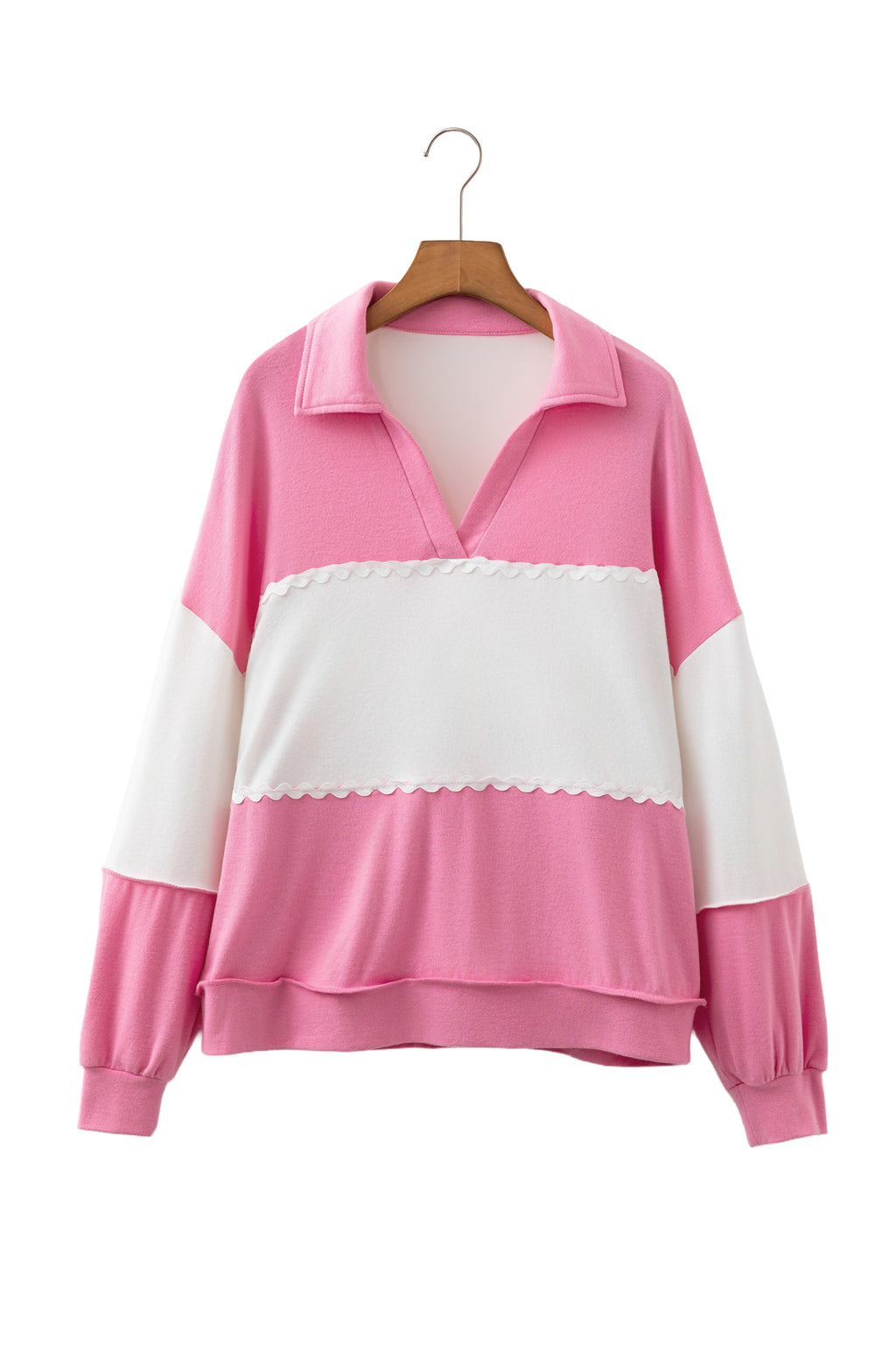 Rose Red Color Block Ricrac Trim Patchwork Collar V Neck Long Sleeve Top