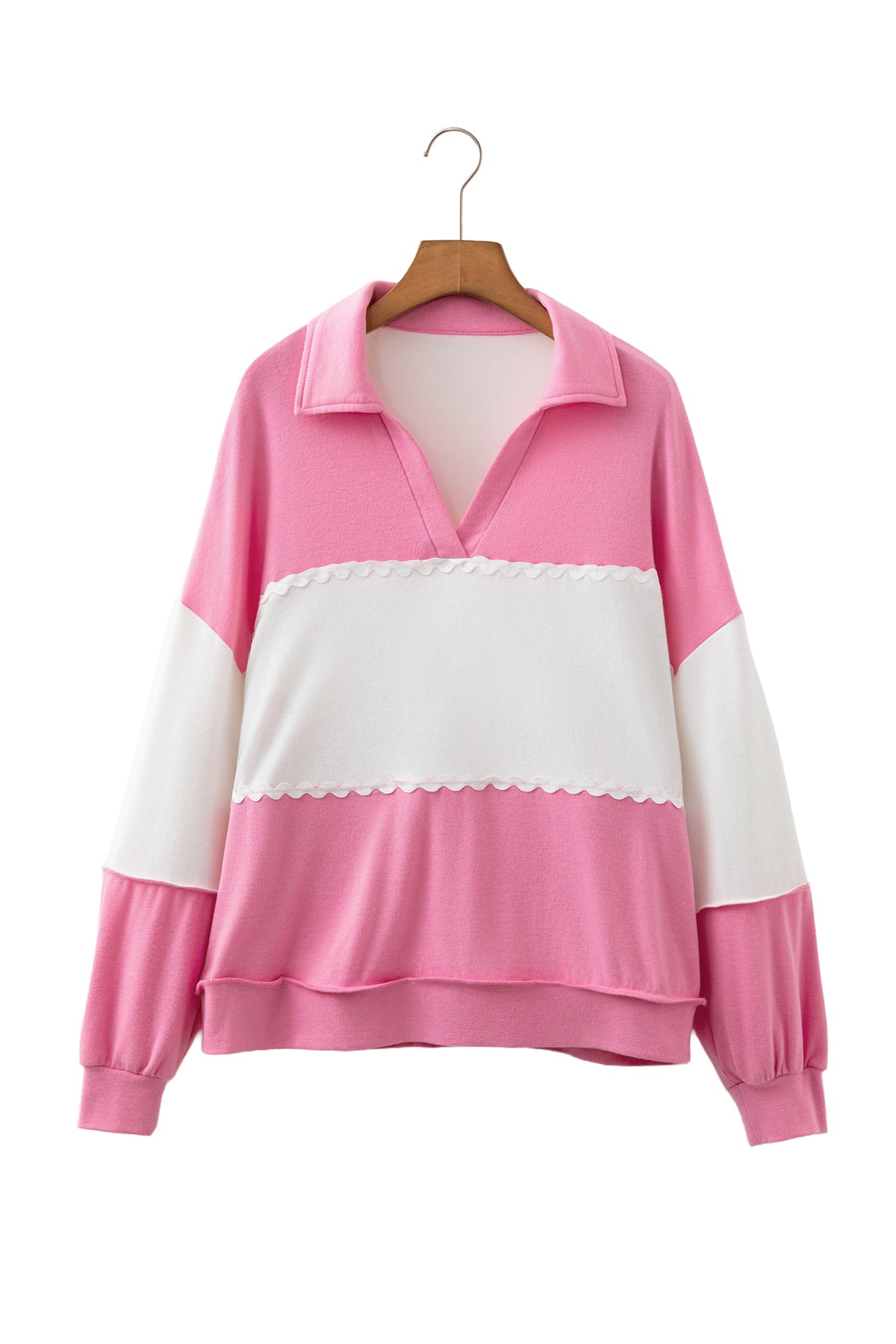 Rose Red Color Block Ricrac Trim Patchwork Collar V Neck Long Sleeve Top