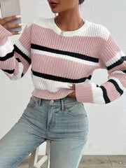 Striped Round-neck Cropped Sweater, Casual Long-sleeve Sweater for Spring and Autumn, Women's Clothing — view 7