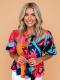 PRETTY BASH Floral Front Tie Puff Sleeve Blouse