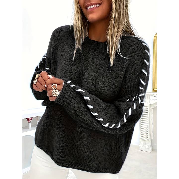 Autumn Casual Color Block Crew Neck Pullover Top ZK3768