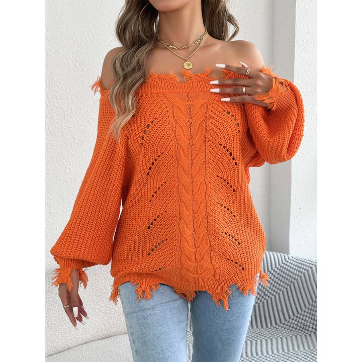 Fall Lantern Sleeves Off-Shoulder Hollow-Out Sweater BJS345