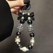Elegant Black and White Electroplated Beaded Bow Keychain with Pearl and Crystal Accents - Durable ABS Material — view 2