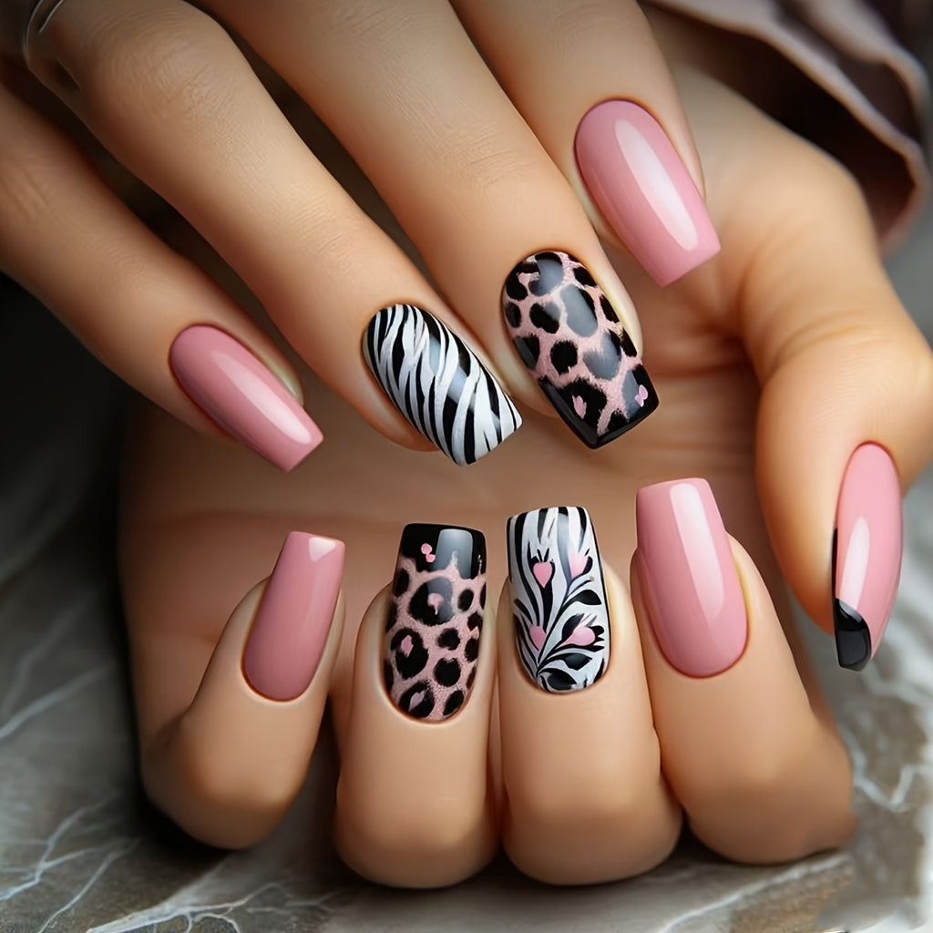 Pink Nails Medium Length Black Spotted Striped Nail Glossy False Nail Pieces Cool Leopard Print Square Heart Wearable Nails Fashion Press-On Nails Nail Stickers 24pcs with Glue False Nail Pieces