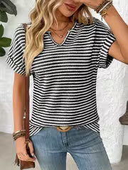 Women's V-Neck Short Sleeve Loose Fit Striped Casual Pullover T-Shirt - Black & White Horizontal Stripes, Ribbed — view 3