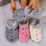 Women'S Comfortable Indoor Short Boots - Black Soft Sole with Colorful Polka Dot Pattern, Warm Fleece Lining — view 6