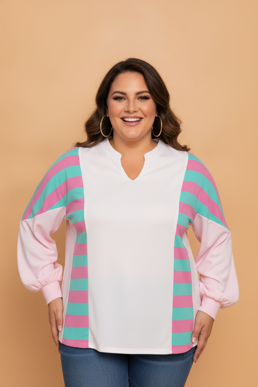 The Quiet Entrance | Striped V-Neck Long-Sleeve Blouse, Plus Size — view 1 of 4