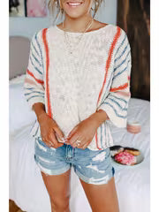 Women's Lightweight Comfy Cable Pullover Sweater - Color Block Striped Boho Chic Off-Shoulder/Boat Neck, Soft — view 1
