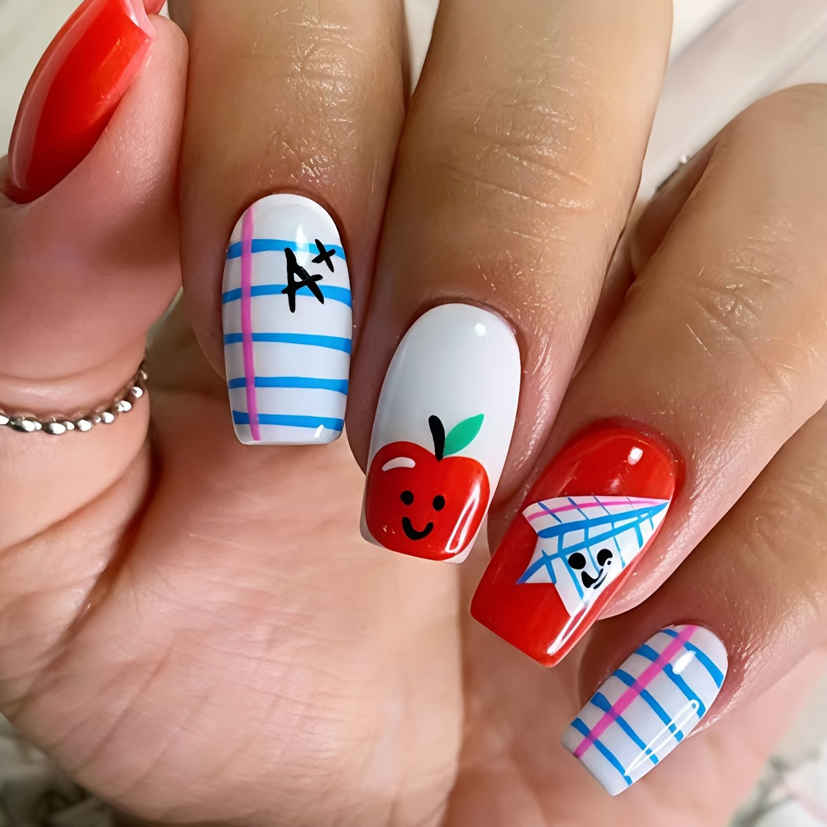 24pcs Red Apple Nail Stickers Suitable for Daily Wear, Parties, Vacations - Reusable Press- Nails with Glossy, Medium-Length Square Fake Nails, Application for Instant Volume & Nail Care (No Removal)