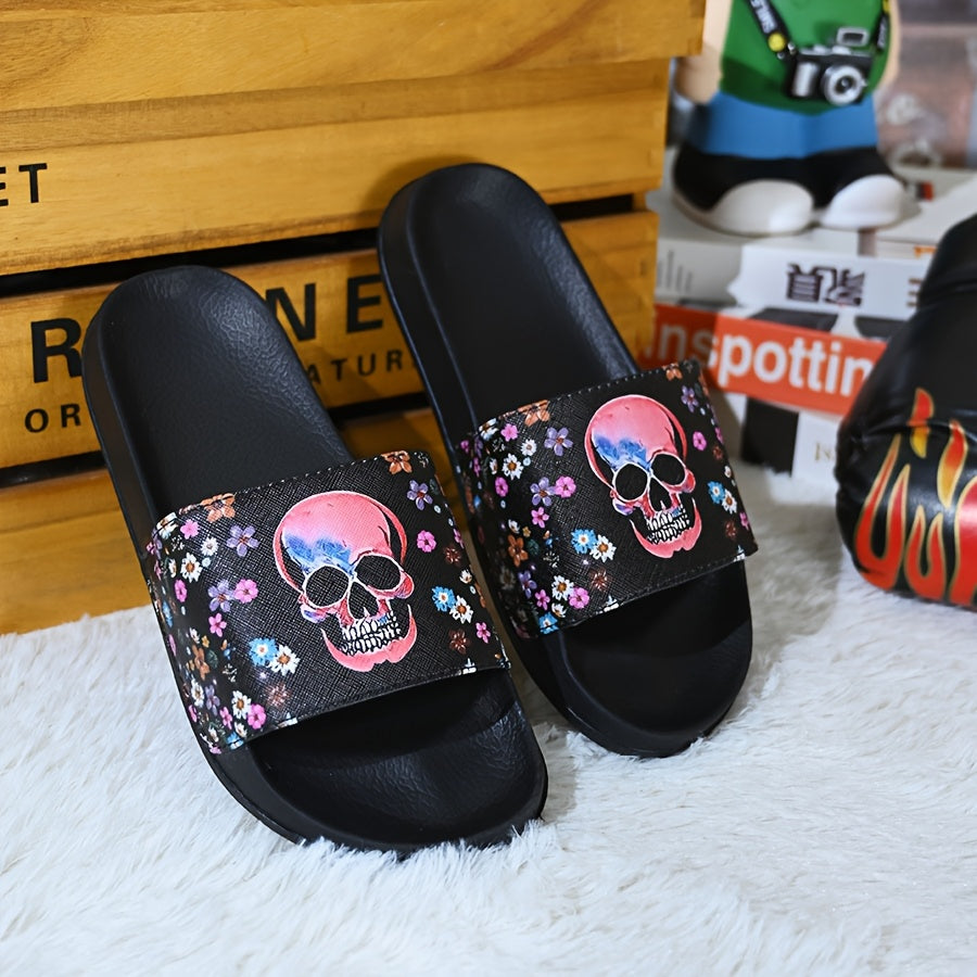 Women'S Skull Flower Pattern Christmas Dark Bathroom Slippers Casual Style Suitable for All Seasons Indoor Wear Soft EVA Sole Hand Wash Fabric Upper And EVA Insole Home Bathroom Sandals, Women Shoes