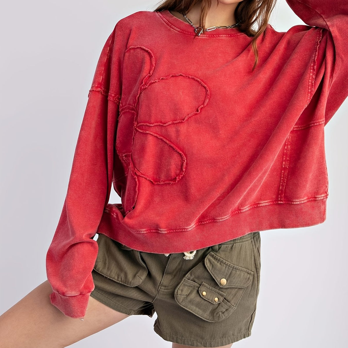 Women's Flower Print Sweatshirt Long Sleeve Pullover Solid