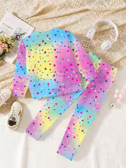 [Girls' Sweatshirt & Pants Set] Girls' Casual 2pcs Set - Round Neck Multicolor Gradient Polka Dot Cartoon Ice — view 2