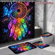 2D Flat, 2D Flat 4pcs Rainbow Dream Catcher Shower Curtain Set, Luminous Colorful Butterfly Rose Galaxy Bathroom — view 9