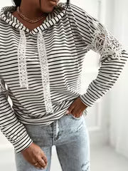 No import chargesStriped Color-Block Floral Lace Patchwork Long-Sleeve Hooded Sweatshirt, Casual Drawstring Lace — view 3