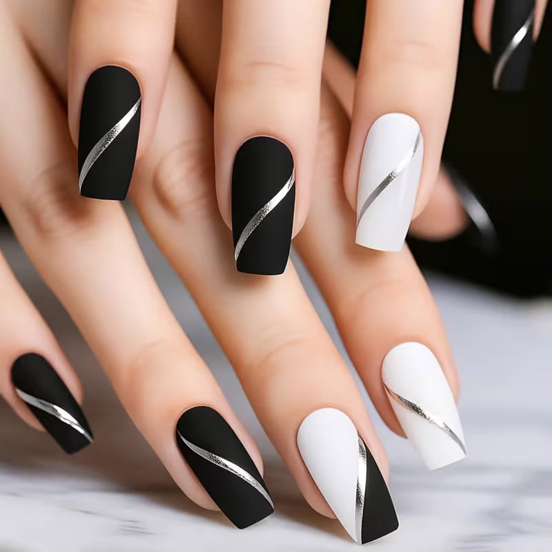 30pcs of Square Nail Stickers with Black and White Color Block, Irregular Silvery Line Decoration Design, Matte — view 8