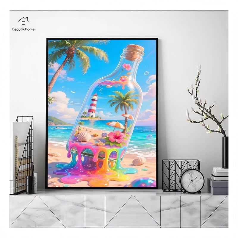 A Diamond Painting of a Tropical Beach Scene in a Glass Bottle, 1pc, 5D