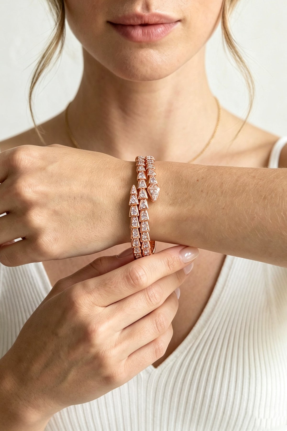 Stainless Steel 18k Plated Full Pave Cz Snake Wrap Bangle